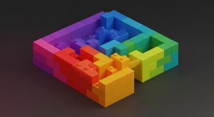 Obraz premium Bright rainbow colored geometric construction blocks form a complex three dimensional maze design, representing challenge and solution ,block, multicolor, creativity
