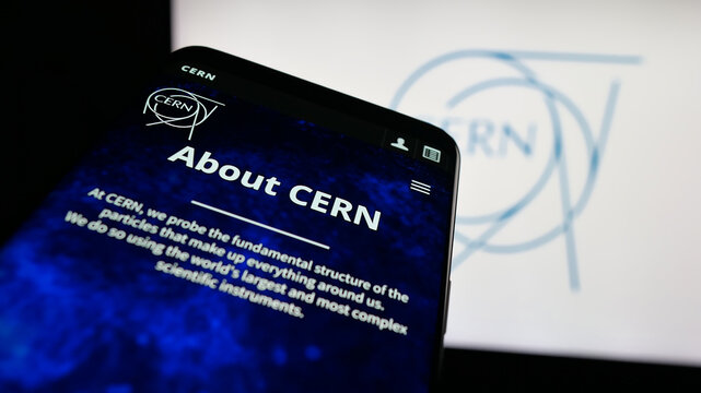 Stuttgart, Germany - 11-01-2025: Mobile phone with website of European nuclear research organisation CERN on screen in front of logo. Focus on top-left of phone display.