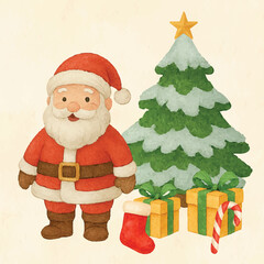 Santa claus with christmas tree and gifts