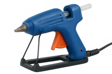 Hot glue gun with stand and adhesive stick