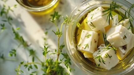 Herb-infused feta cheese cubes in olive oil with fresh thyme and rosemary