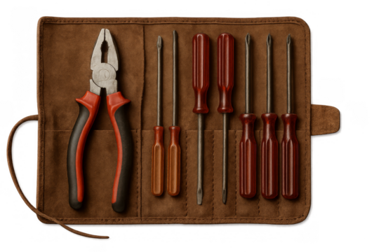 Handyman repairing kit with tools in leather case