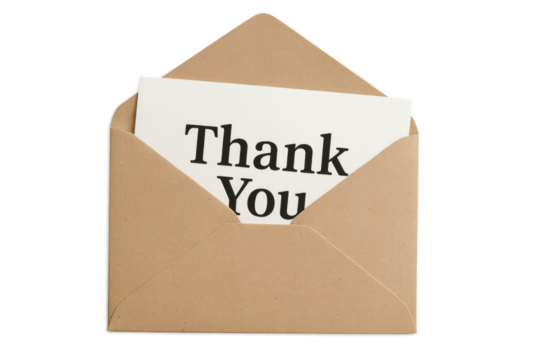 Thank you note card in brown envelope transparent background