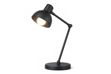 Black desk lamp illuminating table with transparent background