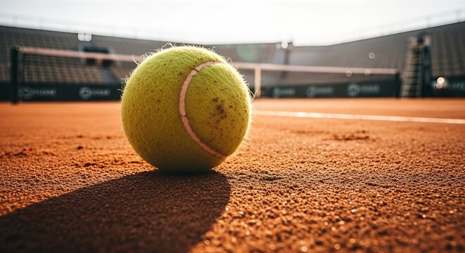 Bright yellow tennis ball resting on clay court surface, with blurred tennis net and empty stadium seating in the background, capturing the essence of competitive sports atmosphere
