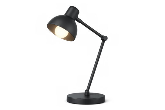 Black desk lamp illuminating table with transparent background