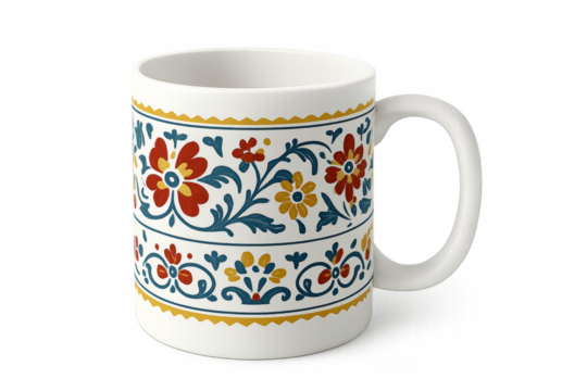 Ceramic mug displaying folk art floral pattern