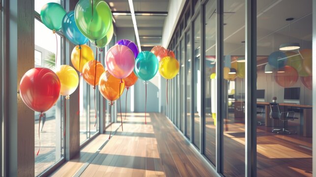 Vibrant balloons adorning modern office corridor - Powered by Adobe