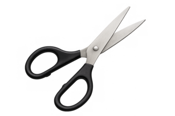 Opened scissors with black handle on transparent background