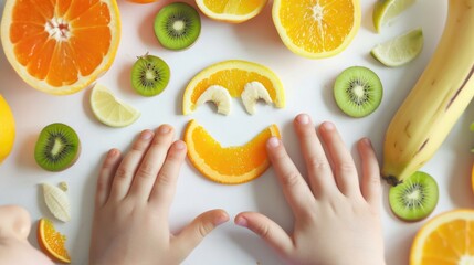 Child's hands creating smiley face with fresh orange slices and various fruits