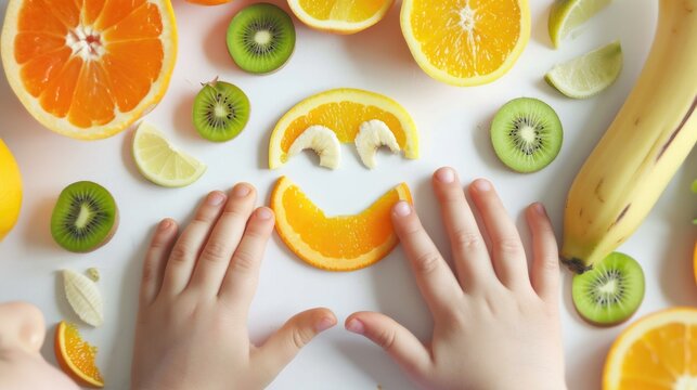 Child's hands creating smiley face with fresh orange slices and various fruits
