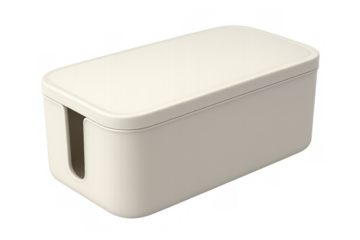 White plastic cable management box organizing cords