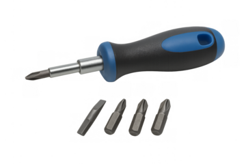 Screwdriver with interchangeable bits on transparent background
