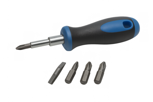 Screwdriver with interchangeable bits on transparent background