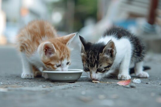 Adorable kittens drinking milk together outdoors