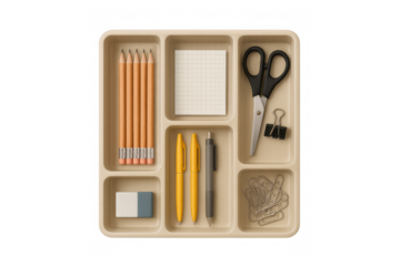 Desk organizer with office supplies, top view, transparent background