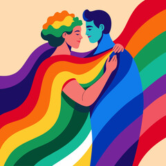 Two people, one with rainbow-colored hair, embrace warmly, wrapped in a flowing rainbow flag symbolizing love and pride.