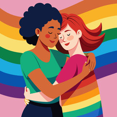 A diverse couple shares a tender embrace against a vibrant rainbow flag, symbolizing love and pride.