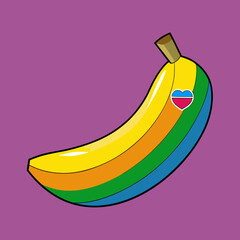A stylized banana with rainbow-colored stripes and a heart-shaped badge, set against a solid purple background.