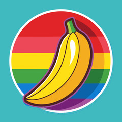 A stylized yellow banana with a purple outline is centered on a circular rainbow flag background against a teal backdrop.