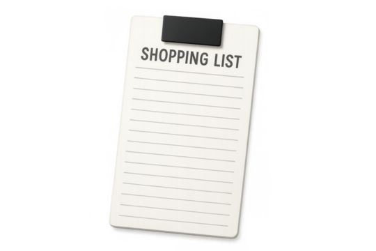 Blank shopping list page on clipboard with transparent background