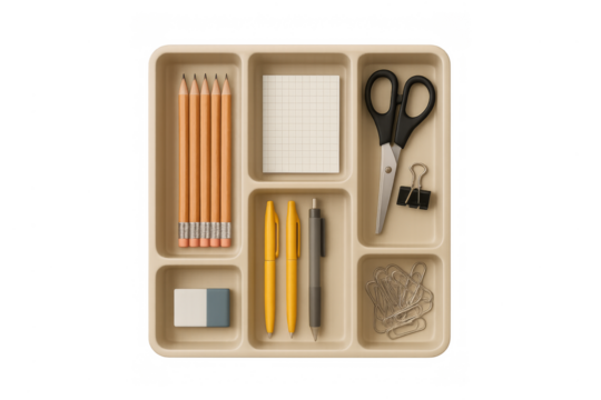 Desk organizer with office supplies, top view, transparent background