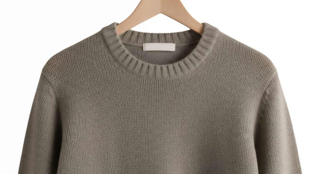 Classic light brown knitted crewneck sweater on a wooden hanger. A cozy and minimalist wardrobe essential for autumn or winter,  isolated on transparent background