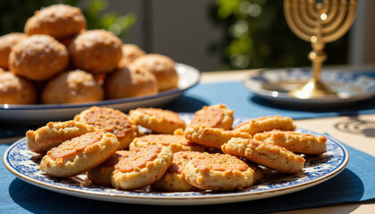 Plate of baked cookies with menorah and pastries in background  