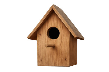Wooden birdhouse showing entrance hole and perch
