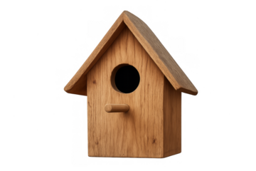 Wooden birdhouse showing entrance hole and perch