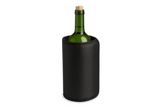 Green wine bottle in black neoprene cooler