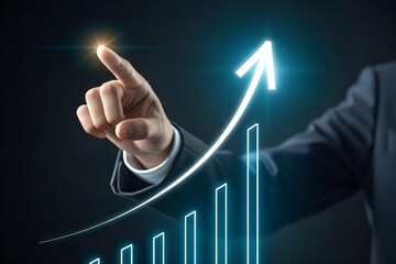 Businessman touching a glowing upward trend line symbolizing financial growth and success in a modern corporate environment