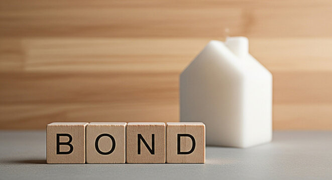 Wooden blocks spelling "bond" next to a white house model symbolize home financing and investment opportunities for prospective buyers - Powered by Adobe