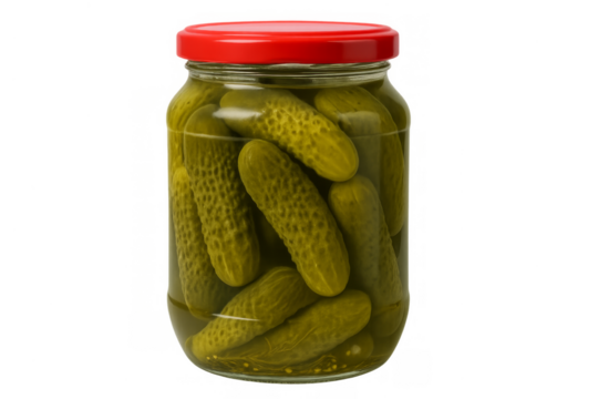 Pickles in jar with red lid, transparent background