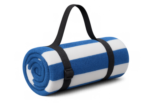 Rolled picnic blanket with blue and white stripes