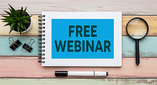 Free webinar advertisement on a notepad with a plant and magnifying glass on a colorful wooden desk promoting online learning opportunities