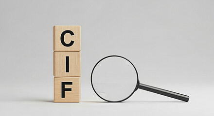 Wooden blocks spelling cif with a magnifying glass for investigation and analysis of cost insurance and freight in international trade terms