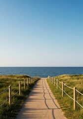 Obraz premium Endless coastline view showing the path along the water's edge, suitable for a solitary journey or peaceful summer vacation stroll, water, pristine, sky