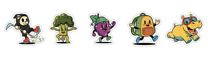 Obraz premium Set of five cartoon characters, including a grim reaper, broccol
