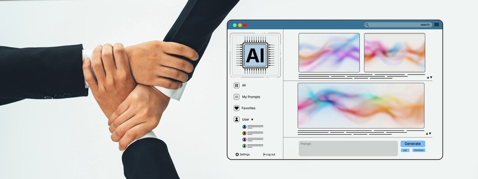 Hands of business professionals join together around a digital screen showcasing colorful wave patterns, highlighting collaboration in technology and innovation. Trope