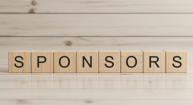 Wooden blocks spelling sponsors arranged on a light wooden surface ideal for business marketing and promotional material backgrounds - Powered by Adobe