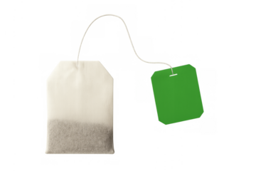 Tea bag with green blank tag on transparent background