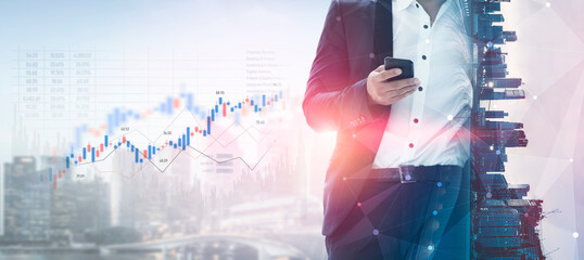 Candlestick chart visualizing financial market trends, investment patterns, price fluctuations, and...
