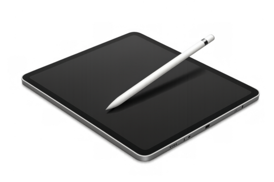 Digital tablet with stylus on transparent background