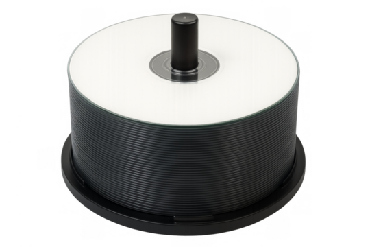 Blank optical discs stack on spindle with transparent background