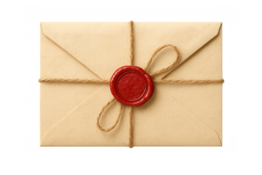 Old letter envelope with wax seal, transparent background