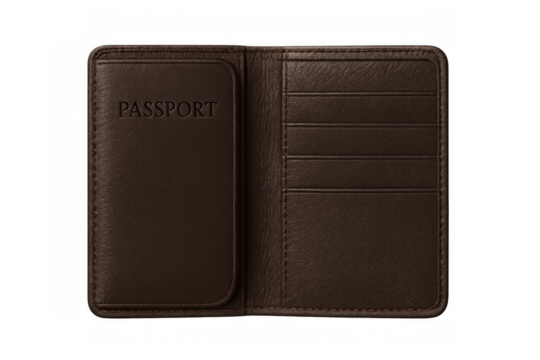 Brown leather passport holder with empty card slots