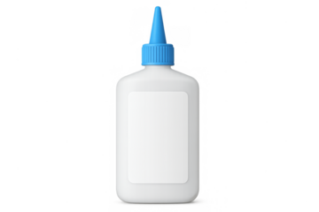 White plastic glue bottle with blue cap on transparent background