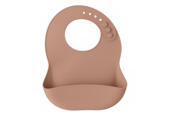 Beige silicone baby bib with food catch pocket