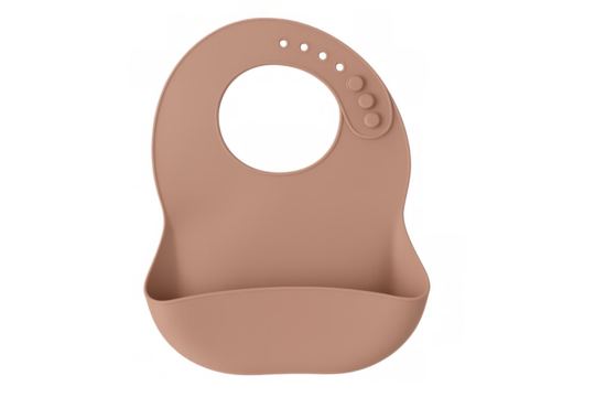 Beige silicone baby bib with food catch pocket